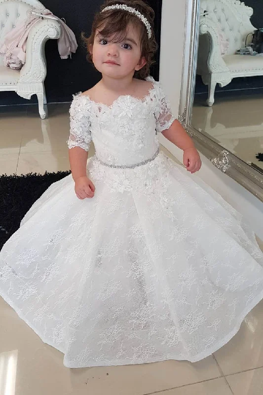 Half Sleeves Flower Girl Dresses Kid Ball Gown White Fluffy Lace Flower Girl Dresses with Flowers Half Sleeves Flower Girl Dresses Kid Ball Gown White Fluffy Lace Flower Girl Dresses with Flowers